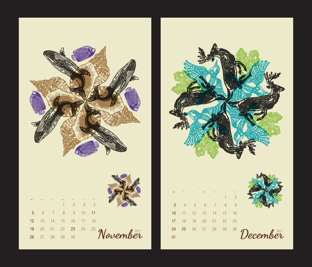 Εκτυπώσιμη ημερολογιακή 2017 με χλωρίδα και πανίδα. - Διάνυσμα, εικόνα