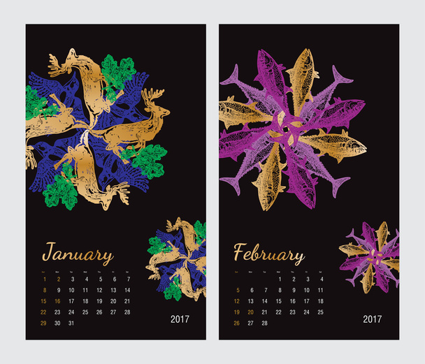 Animal printable calendar 2017 with flora and fauna fractals - Vector, Image