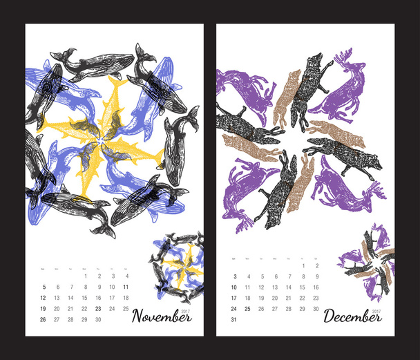 Calendário de impressão animal 2017 com fractais de flora e fauna
 - Vetor, Imagem