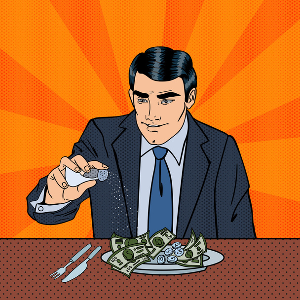 Rich Greedy Businessman Salts Money in the Plate. Pop Art. Illustration vectorielle
 - Vecteur, image