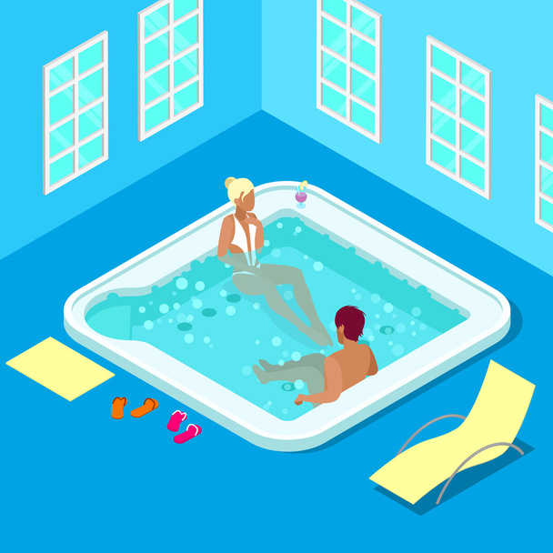 Indoors Jacuzzi with Woman and Man. Isometric People. Vector illustration - Vector, Image