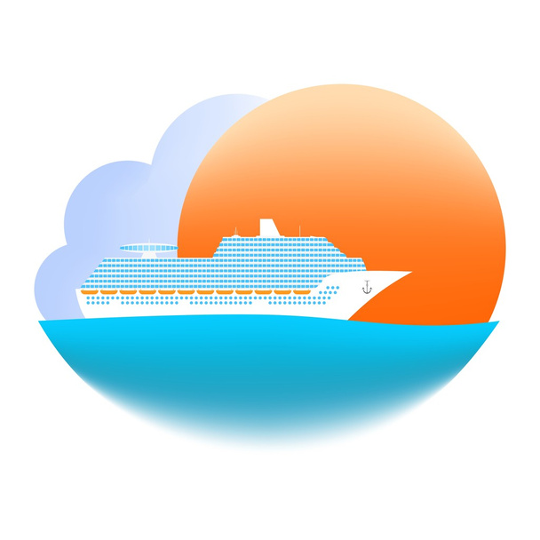 Summer sea landscape with the blue ocean with white transoceanic ship at sunset with orange sun and blue cloud on a white background. The transoceanic cruise ship with windows, anchor, chain and observation tower. - Vector, afbeelding