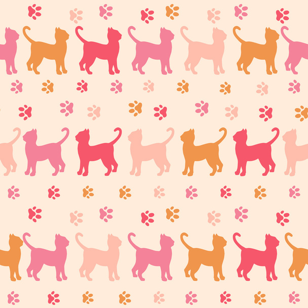 Розовые кошки и следы силуэта бесшовный узор
 - Вектор,изображение