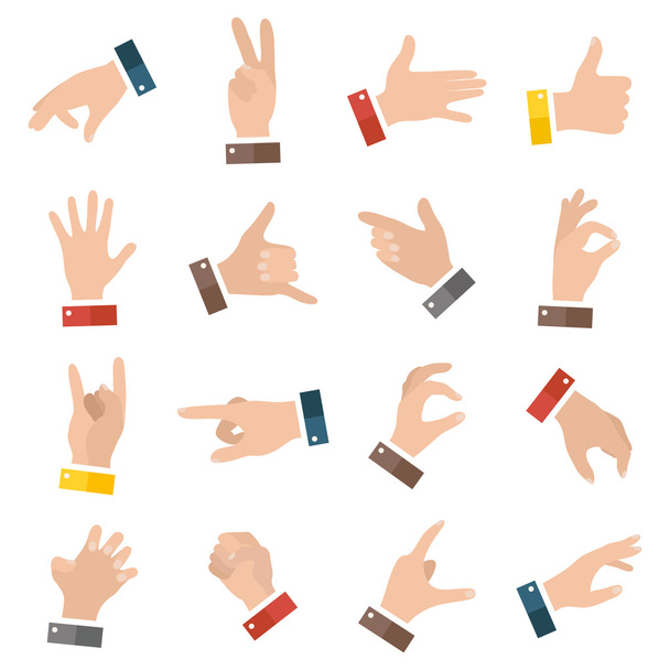 Open lege handen die verschillende gebaren tonen. 16 pictogrammen ingesteld geïsoleerd. Vector hand illustratie - Vector, afbeelding