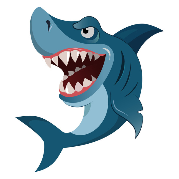 Hungry angry cartoon great white shark wiith big teeth isolated. Vector illustration - Vector, Imagen