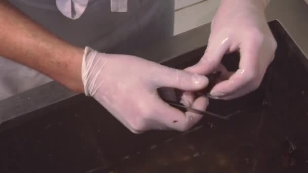 Trabajador en guantes fregando mejillones lavados en fregadero por cuchillo. Cocina del restaurante. Proceso de limpieza
 - Metraje, vídeo
