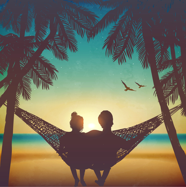 Paar verliefd op het strand op de hangmat. Achtergrond in strand stijl - Vector, afbeelding