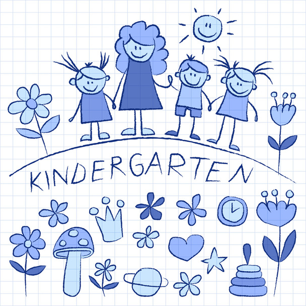 Kindergarten-Kritzelbilder auf Notizblock - Vektor, Bild