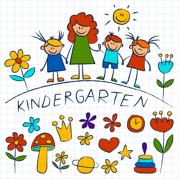 Kindergarten doodle pictures on notepad paper - Vector, Image