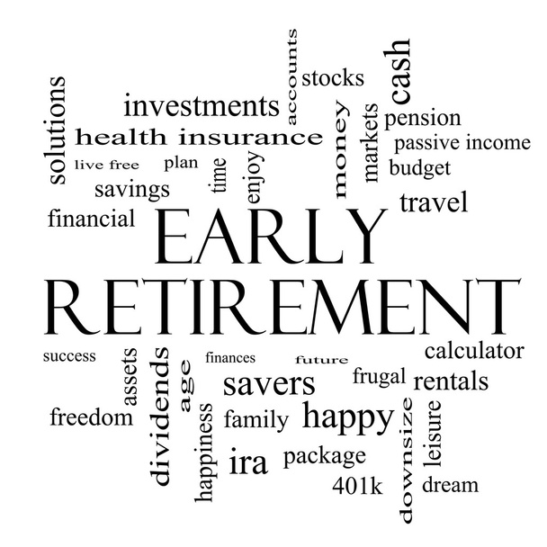 Early Retirement Word Cloud Concept in black and white - Photo, Image
