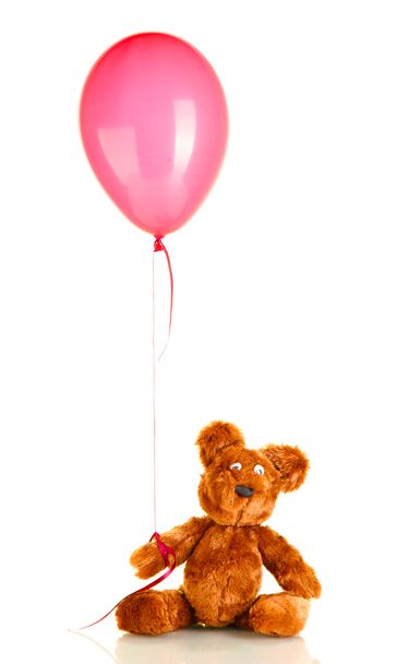 Teddy bear with colorful balloon isolated on white - Fotoğraf, Görsel