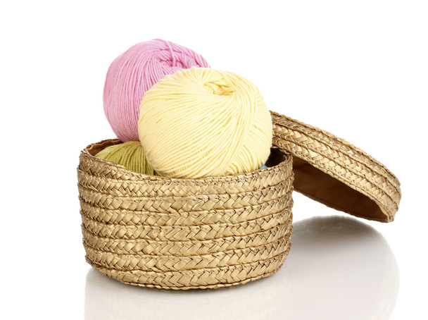 Knitting yarn in basket isolated on white - Photo, Image