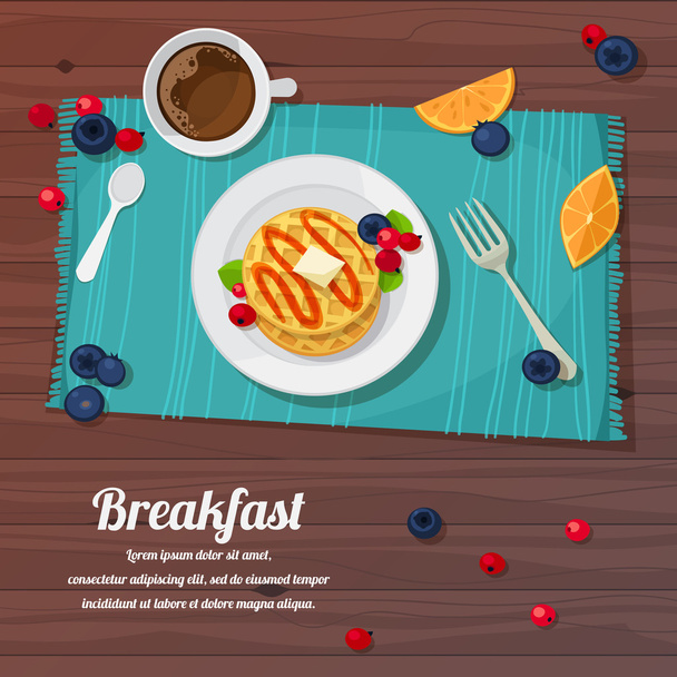 Tavolo per la colazione con waffle, tè e bacche fresche
 - Vettoriali, immagini