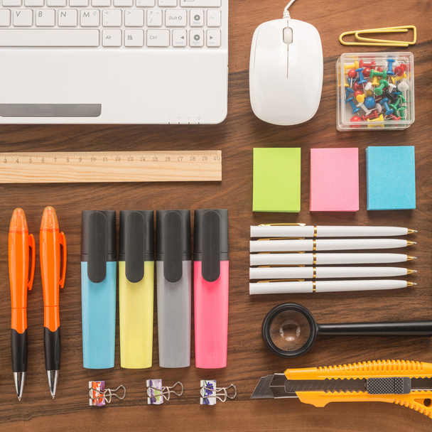 School office supplies on a desk - Фото, изображение