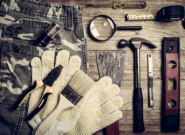 Set of tools over a wood background - Photo, image