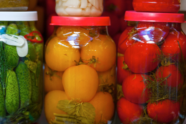 Preserved vegetables in glass jars - Zdjęcie, obraz