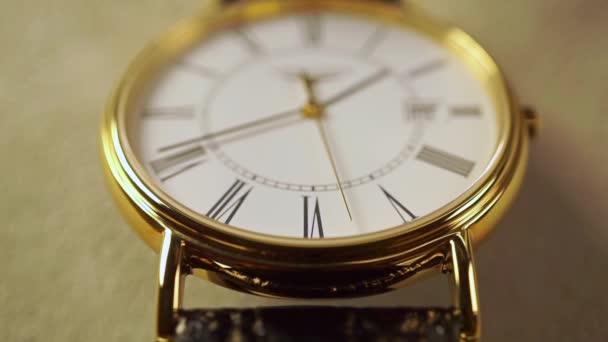 Golden classical wrist watch macro shot. Slow motion video - Footage, Video