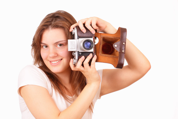 Beautiful young girl with an old camera - Foto, immagini