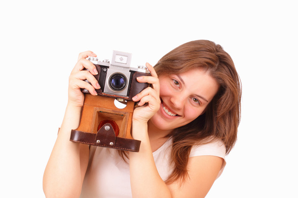 Pretty young girl with an old camera - Foto, immagini