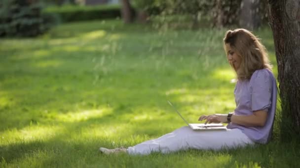 young beautiful woman working on laptop sitting on the grass in the Park - Metraje, vídeo