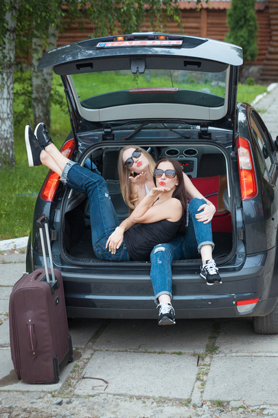 Two girls posing in car - Photo, Image