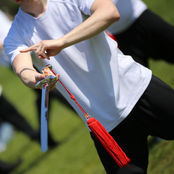 Tai Chi vechtsporten atleet maakt bewegingen met zwaard - Foto, afbeelding