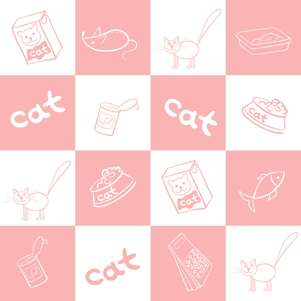 nahtloser Hintergrund von Produkten für Katzen. Vektorillustration. - Vektor, Bild