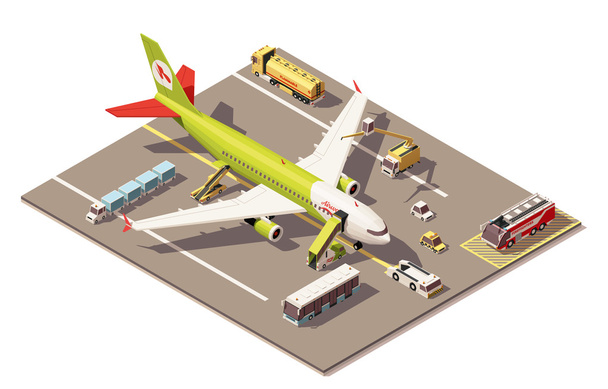 Vector isometrische laag poly luchthaven schort met vliegtuig, Ground Support apparatuur en voertuigen - Vector, afbeelding
