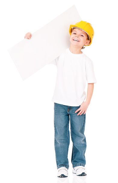 Little foreman presenting blank - Foto, afbeelding