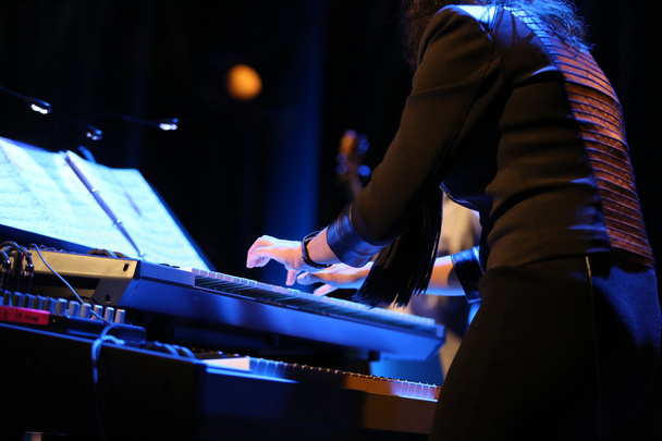 hands of musician playing keyboard in concert - Photo, Image