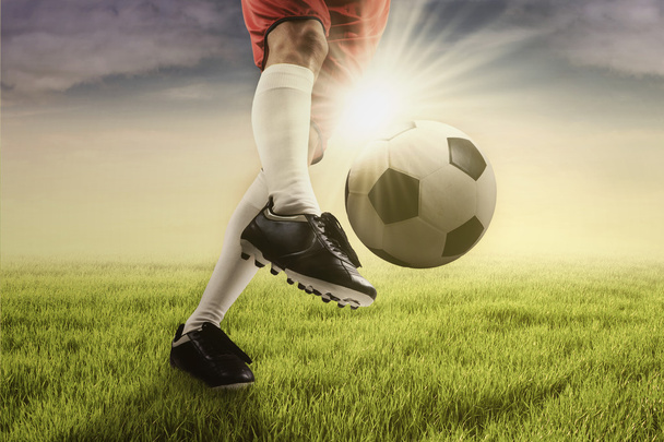 Soccer player kicking the ball at the green field - Photo, Image