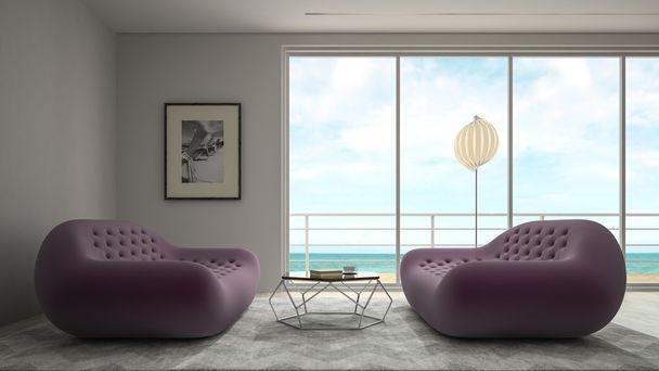 Interior de la habitación de diseño moderno con vista al mar representación 3D
 - Foto, Imagen