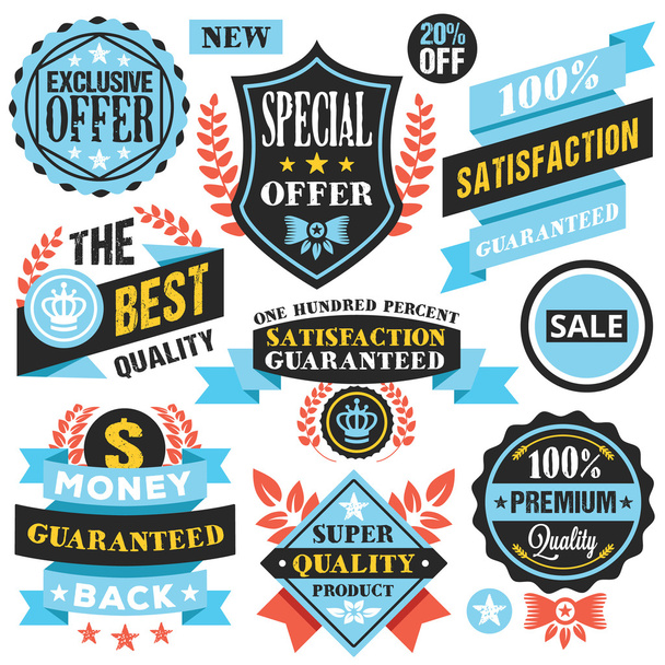 Vector badges, labels, stickers and ribbons set. Vintage style flat design concepts. Blue, red, white, yellow and black colors. Vector illustration - Vektor, kép
