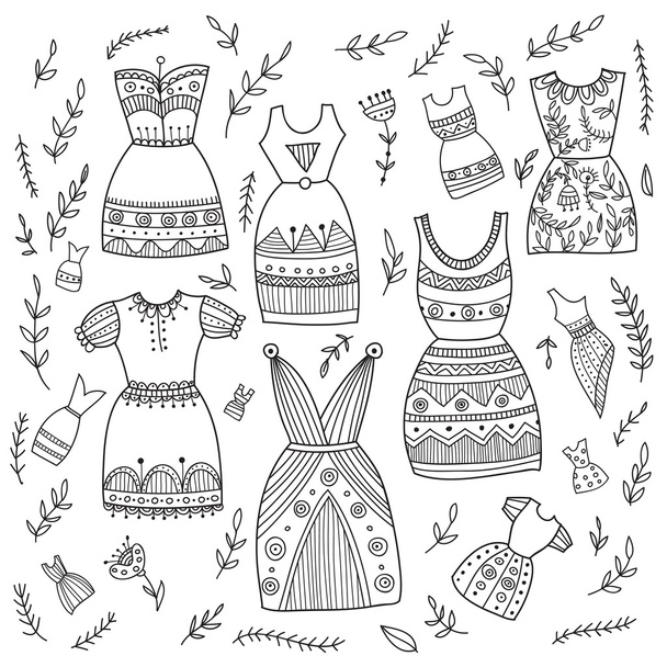 Boho etnische stijl jurken instellen. Kunnen worden afgedrukt en gebruikt als inpakpapier, behang, textiel, weefsel enz. - Vector, afbeelding