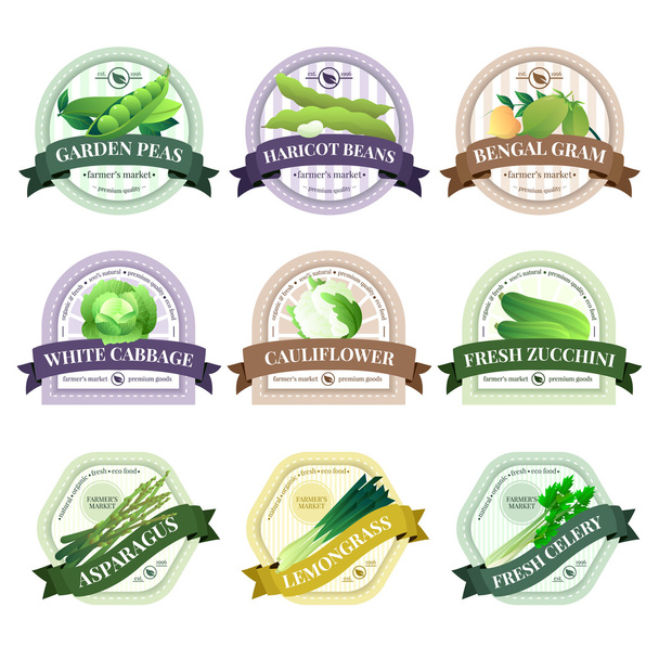 Flache Etiketten für Gemüse und Kräuter - Vektor, Bild
