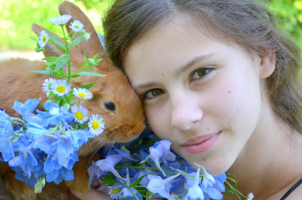 chica feliz con el conejo rojo al aire libre
 - Foto, Imagen