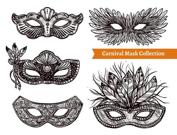 Máscara de carnaval mano dibujado conjunto
 - Vector, Imagen