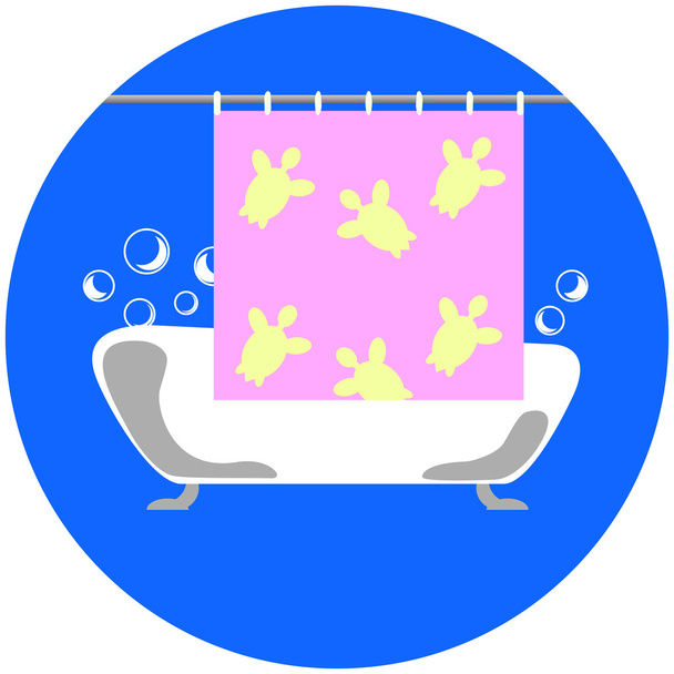 Bath with soap bubbles and shower curtain vector illustration - Вектор,изображение