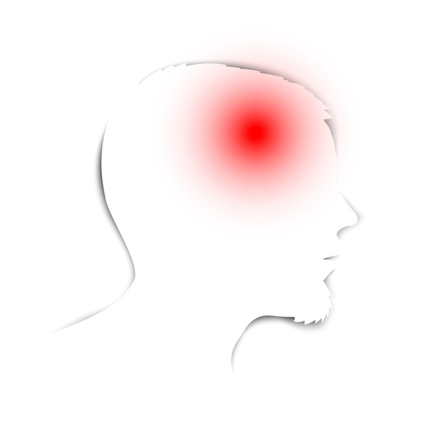 Piktogramm mit rotem Schmerzschwerpunkt im Kopf - Vektor, Bild
