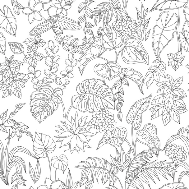 Pattern with contoured tropic plants  - Vektori, kuva