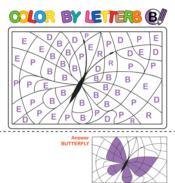 Color by letter.  Puzzle for children. Butterfly - Photo, Image