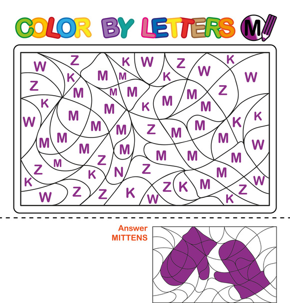 Color by letter.  Puzzle for children. Mittens - Photo, Image