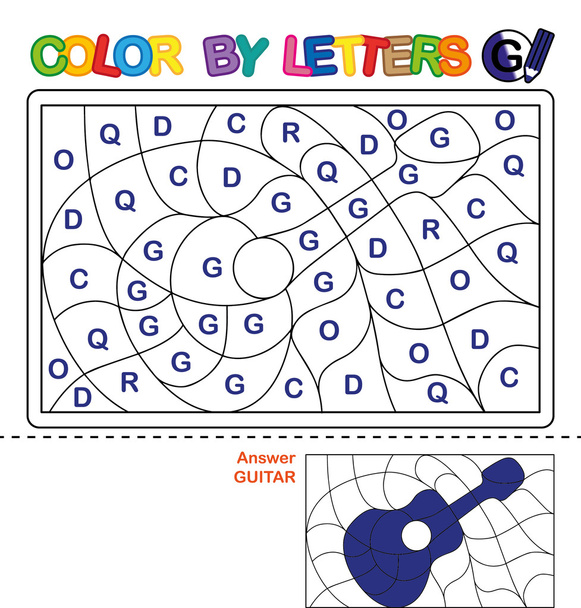 Kolor w piśmie. Puzzle dla dzieci. Gitara - Zdjęcie, obraz