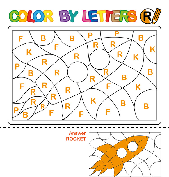 Kleur per brief. Puzzel voor kinderen. Raket - Foto, afbeelding