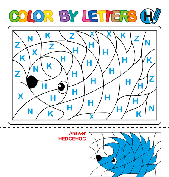 Color by letter.  Puzzle for children. Hedgehog - Photo, Image