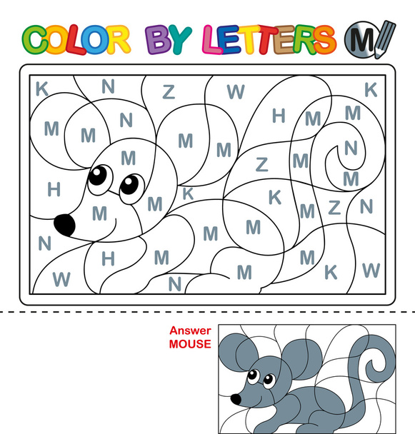 Color by letter.  Puzzle for children. Mouse - Photo, Image