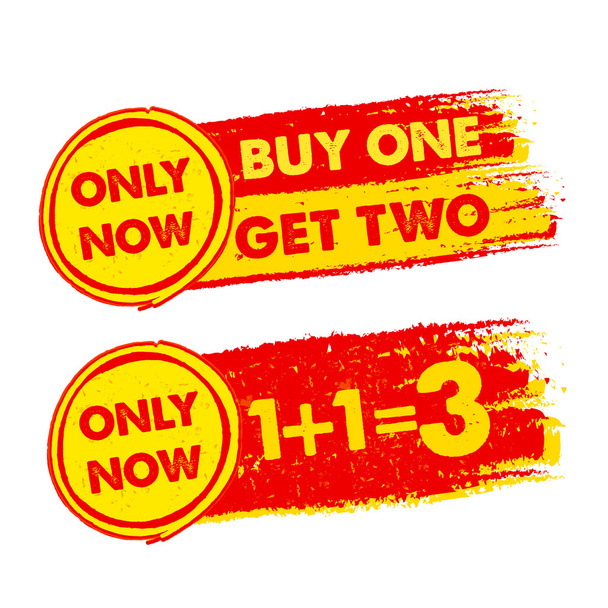 only now, buy one get two, 1 plus 1 is 3, drawn labels - Photo, Image