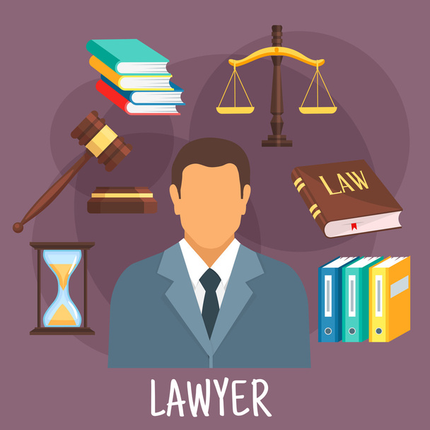 Advogado profissão ícone plana com símbolos de justiça
 - Vetor, Imagem