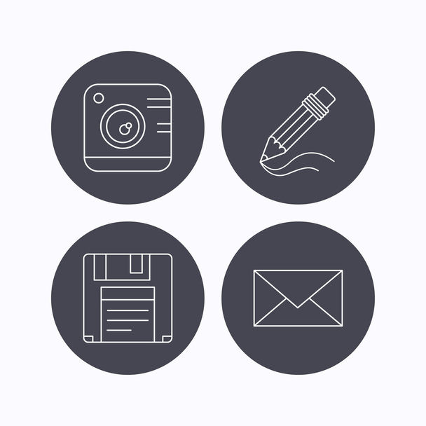 Photo camera, pencil and mail icons. - Vector, Imagen