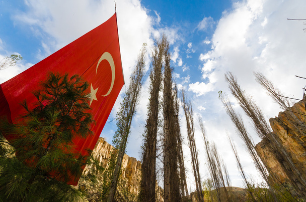 Ihlara Valley with Turkey flag, Rock Site of Cappadicia, Turkey - Photo, Image